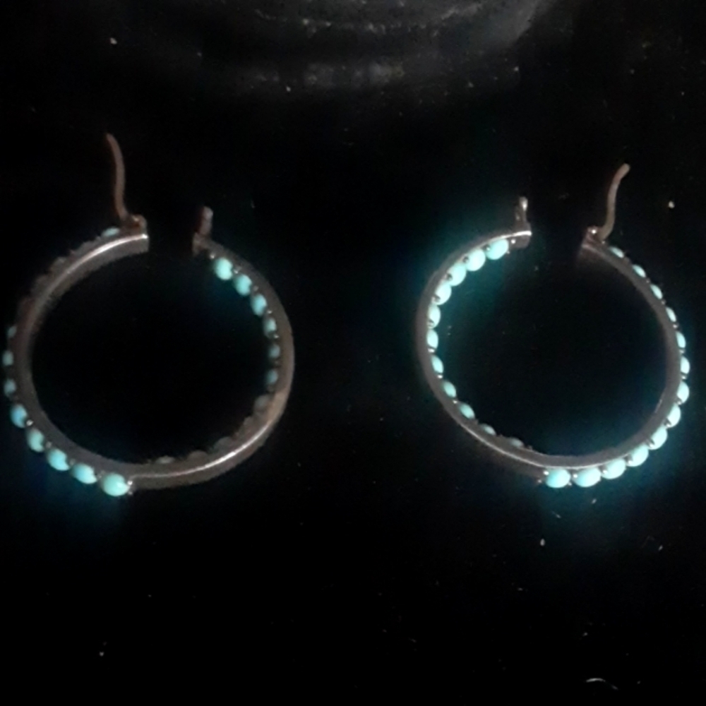 Stylish Silver Hoop Earrings with Turquoise Highlights sx925 Thailand - Picture 6 of 6
